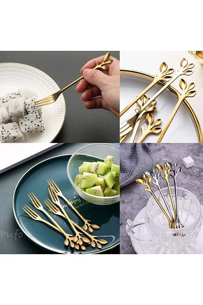 PUFO Set Of 6 Leaf Dessert Forks, Fruit, Steel, Leaf-shaped Handle, Gold, 13 Cm