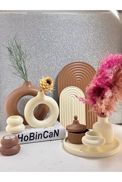 BLANJ Bohem 2'li halka 2'li mumluk büyük-küçük gökkusağı tabağı yuvarlak tepsi pampas vazo 10 parça