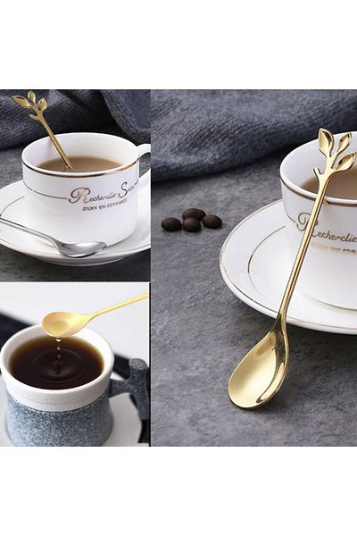 PUFO Set Of 6 Leaf Spoons For Coffee, Tea, Dessert, Steel, Leaf-shaped Handle, Gold, 13 Cm