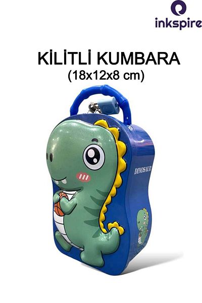 inkspire Metal Lock Piggy Bank 1 Piece Cute Green-Blue Dinosaur Figured Piggy Bank with Padlock 18X12X8 cm