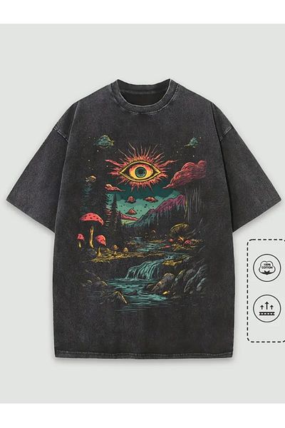 Touz Moda Fantastic Forest Printed Washed Vintage Unisex Oversize T-shirt