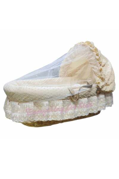 BabyCara سرير أطفال من الخوص المزخرف بخرز موسى مع وسادة ومقبض وناموسية، لون بيج