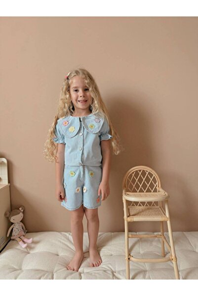 Jolly Kids Girl's Blue Denim Shirt Shorts Denim Suit