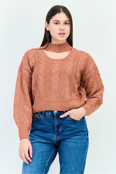 PİNK ROSE Women Choker Neck Knitted Crop Sweater, Fade Red