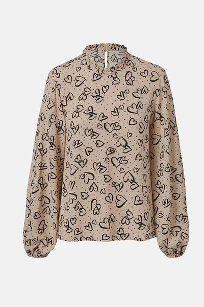 Tchibo Women Ruffle Neck Long Sleeve All Over Print Top, Tan