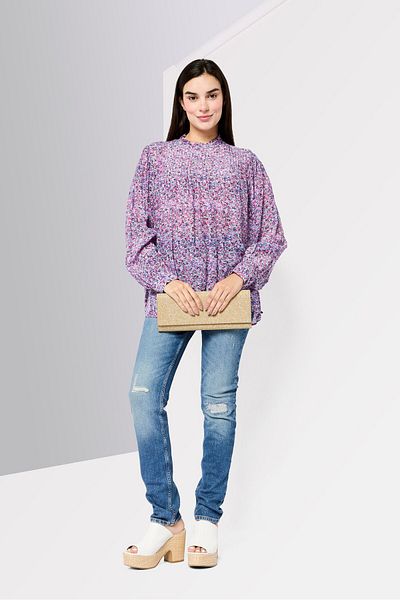 Scotch & Soda Women Ruffle Neck Long Sleeves Allover Print Blouse, Multicolor