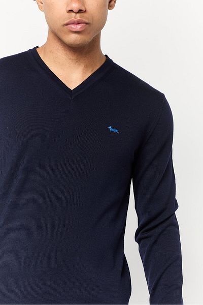 Harmont & Blaine Men V-neck Long Sleeves Embroidered Logo Sweater, Navy