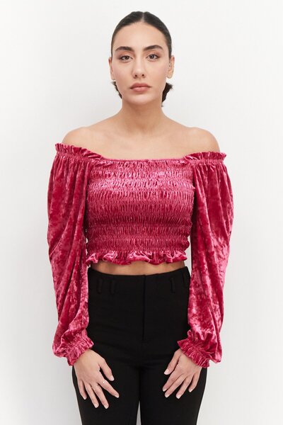 En Saison Women Off Shoulder Neckline Long Sleeve Velvet Blouse, Magenta