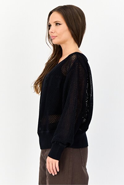 Esprit Women Boat Neck Long Sleeves Eyelet Sweater, Black