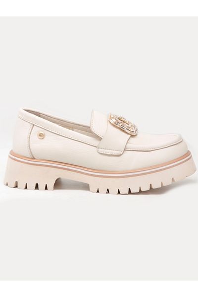 Mammamia D25Ya-3855 Cream Skin Leather Stone Buckle Casual Loafer Shoes