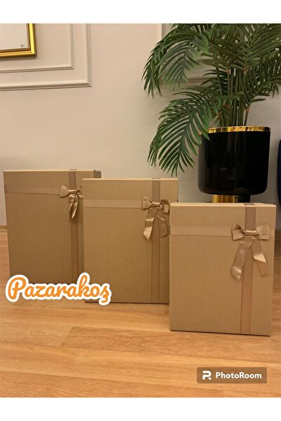 PAZARAKOŞ Hediye Kutusu Kıraft Kurdeleli Damat Gelin Çeyiz Bohça Kutusu Dekor...