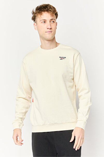 Reebok سويت شيرت رجالي رياضي بأكمام طويلة مطرز بشعار خارجي، كريمي