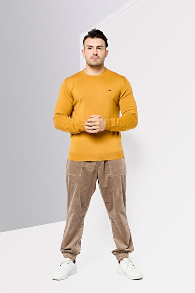 Harmont & Blaine Men Crew Neck Embroidered Logo Sweater, Mustard