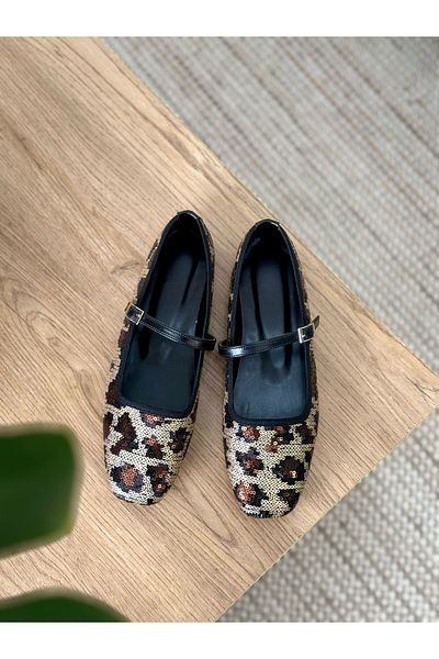 volarescarpe Women's Daily Shiny Sequin Leopard Patterned Brown Mary Jane Ballerina Wild