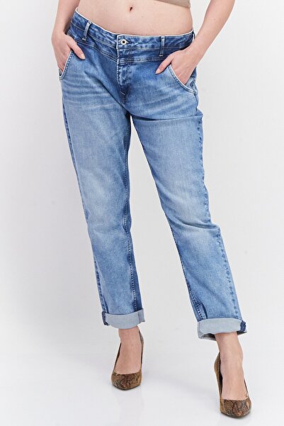 Pepe Jeans Women Relaxed Fit Mid Waist Washed Denim Jeans, Blue