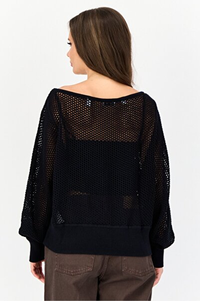 Esprit Women Boat Neck Long Sleeves Eyelet Sweater, Black