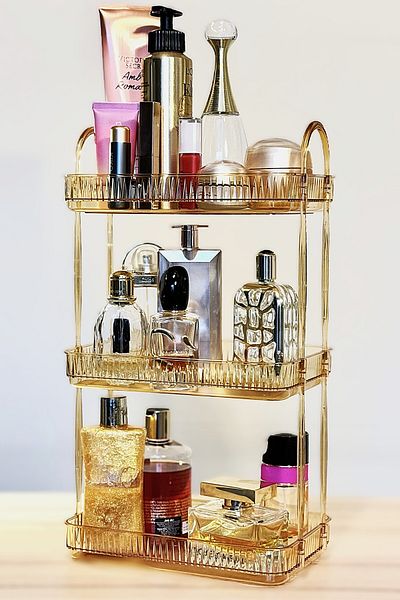 UNIQUE ME 3 Tier Makeup Organizer Cosmetic Accessory Organizer Bathroom Shelf Amber (Durable Polycarbonate)