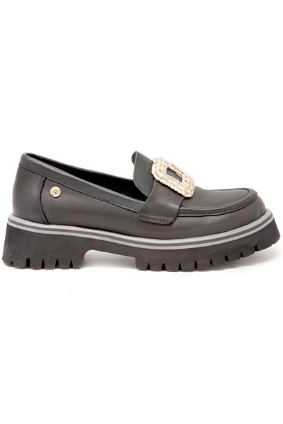 Mammamia D25Ya-3855 Black Skin Leather Stone Buckle Casual Loafer Shoes