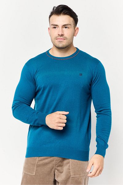 Harmont & Blaine Jeans Men Crew Neck Long Sleeves Embroidered Logo Sweater, Aqua Green