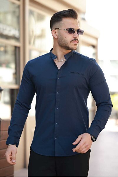 Umre İçin Uygun Pamuk Kumaş Hakim Yaka Slim Fit Battal Gömlek