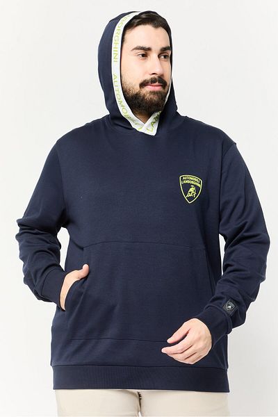 Lamborghini Men Hooded Brand Logo Long Sleeve Sweatshirt, Dark Navy