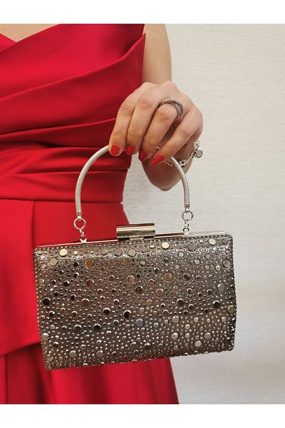 NAZART Women's Stoned Platinum Evening Dress Clutch Chain Strap Hand Wedding Engagement Night Shoulder Bag