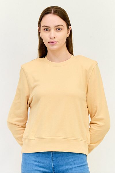 Monki Women Round Neck Long Sleeves Solid Padded Shoulders Sweatshirt, Peach