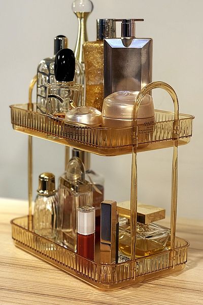 UNIQUE ME 2 Tiers Makeup Organizer Cosmetic Accessory Organizer Bathroom Shelf Amber (Durable Polycarbonate)