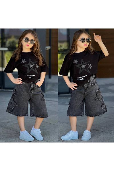 sinmm Girl's Denim Shorts with Star Embroidery Detail 2-Piece Set Black Color