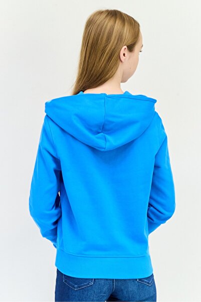 Esprit Women Long Sleeves Embroidered Logo Hooded Sweatshirts, Teal Blue