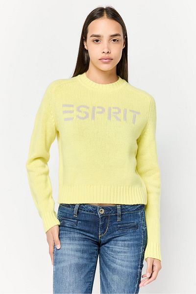 Esprit Women Crew Neck Brand Logo Sweater, Lime Green