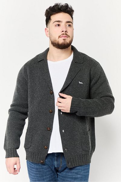 Harmont & Blaine Men Notched Collar Embroidered Logo Cardigan, Dark Grey