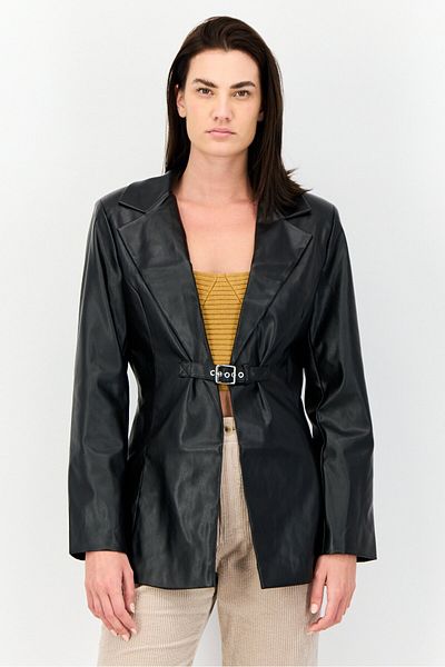ASYOU Women Regular Fit Solid Semi-formal Faux Leather Blazer, Black