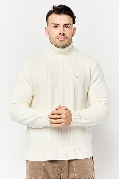 Harmont & Blaine Men Turtle Neck Long Sleeve Embroidered Logo Sweater, Off White