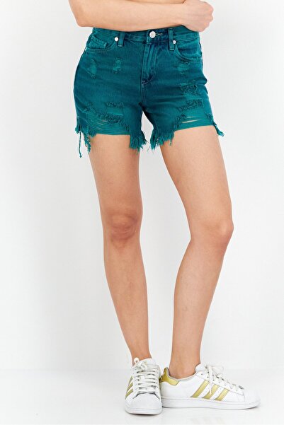 Blank NYC Women Regular Fit Washed Rip Denim Shorts, Teal Green