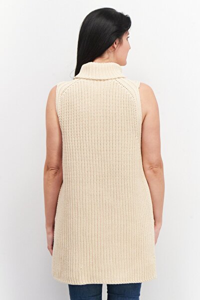 Stefanel Women Turtle Neck Crochet Sweater, Beige