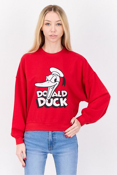 Don't Call Me Jennyfer Women Crew Neck Long Sleeve Donald Duck Sweatshirt, Red