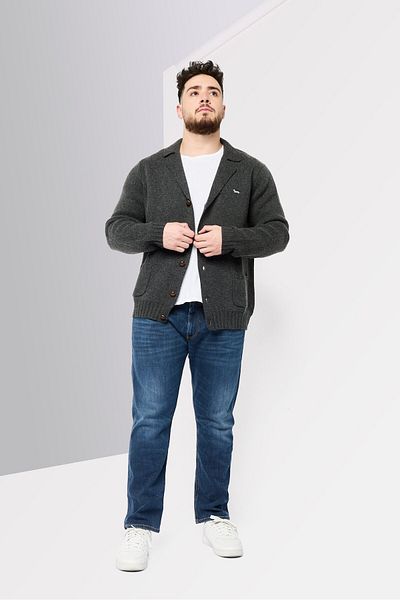 Harmont & Blaine Men Notched Collar Embroidered Logo Cardigan, Dark Grey