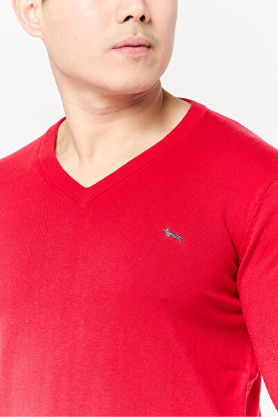 Harmont & Blaine Men V-Neck Long Sleeve Embroidered Logo Sweater, Red