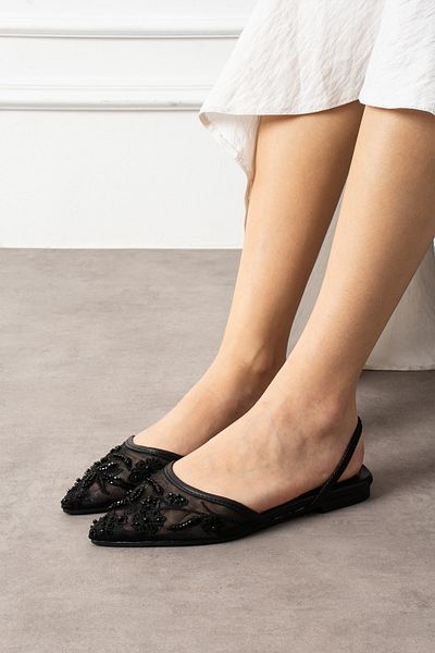 Mio Styllo Milany Mesh Embroidery and Bead Detailed Pointed Toe Luxury Women's Ballerinas