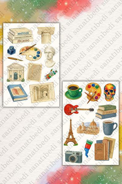 sanatıbedi 2 Sheets Vintage Arts and City Themed Sticker - Laptop Agenda Motor Helmet Phone Tablet Sticker