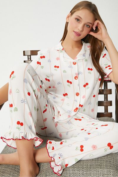 Ritnice Women's Enda Frilly Ribbon Pattern Bottom Top Pajama Set