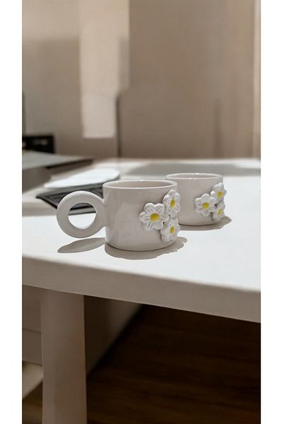 seda seramik Handmade Set of 2 Ceramic Splash Embossed Double Espresso Coffee Mug Cup Mug 200 ml