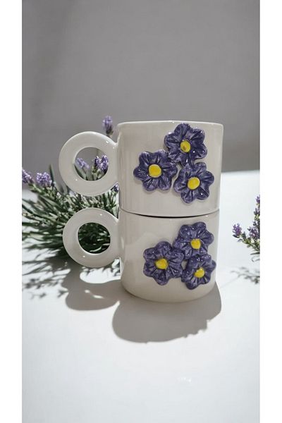 seda seramik Handmade Set of 2 Ceramic Splash Embossed Double Espresso Coffee Mug Cup Mug 200 ml