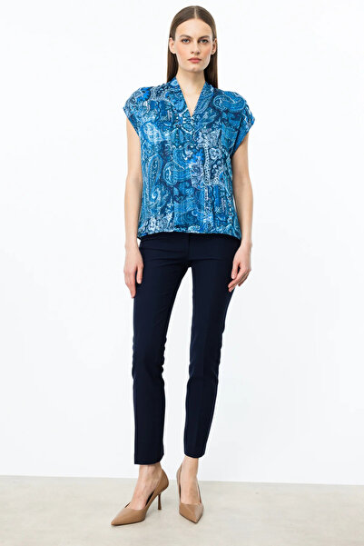 Ekol V Yaka Desenli Bluz Mavı-3140