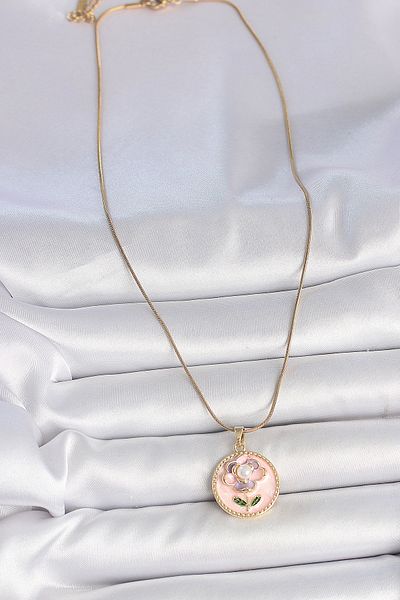 Skygo 316L Steel Gold Color Chain Pink Flower Embroidered Pearl Detail Portrait Model Women's Necklace - Tj-Bko10087