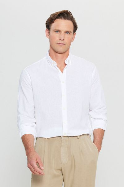 ALTINYILDIZ CLASSICS Men's White Cotton Linen Comfort Fit Relaxed Fit Button down Collar Dobby Shirt