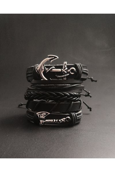 BSN Store 5-Piece Premium Black Genuine Leather Bracelet with Sailor Anchor and Nordic Ax Figure