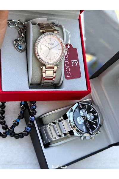 Ferrucci Black Rose Color Steel Strap Lover Couple Wristwatch + Bracelet