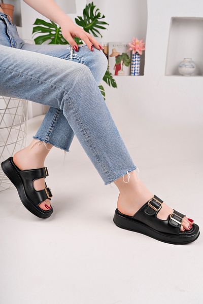 RoseVeno Women's Black Double Banded Buckle Detailed Thick Sole Slippers